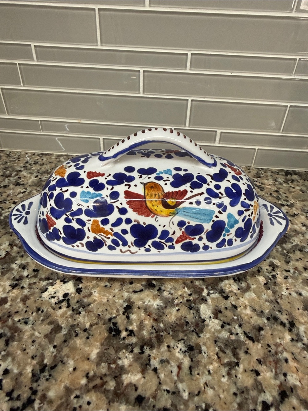 Hand-Painted Ceramic Butter Dish in White with Blue and Multicolor Bird Design